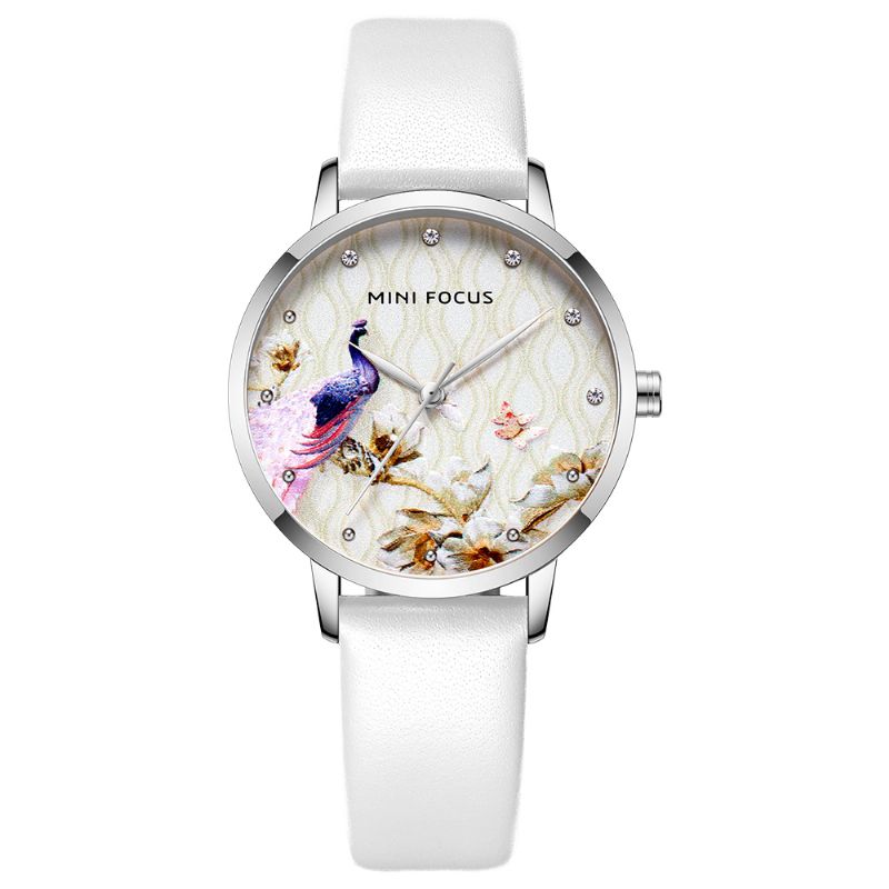 Mode Dames Pauw Bloemenpatroon Lederen Quartz Horloge