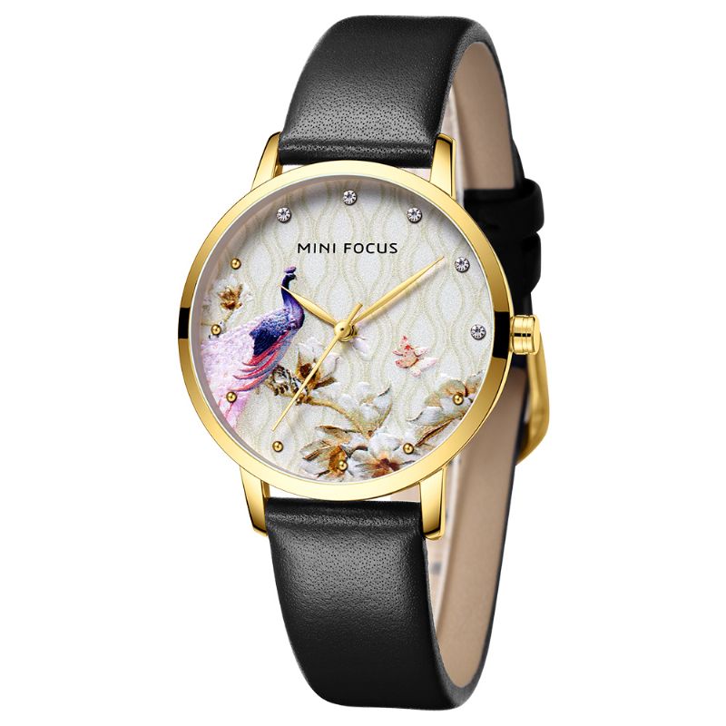 Mode Dames Pauw Bloemenpatroon Lederen Quartz Horloge