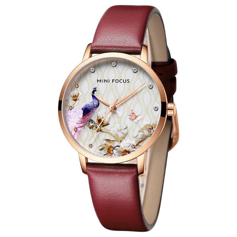 Mode Dames Pauw Bloemenpatroon Lederen Quartz Horloge