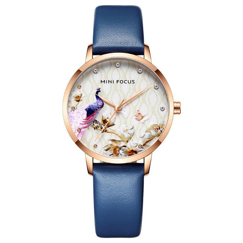 Mode Dames Pauw Bloemenpatroon Lederen Quartz Horloge