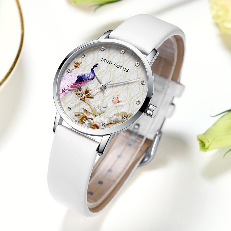 Mode Dames Pauw Bloemenpatroon Lederen Quartz Horloge