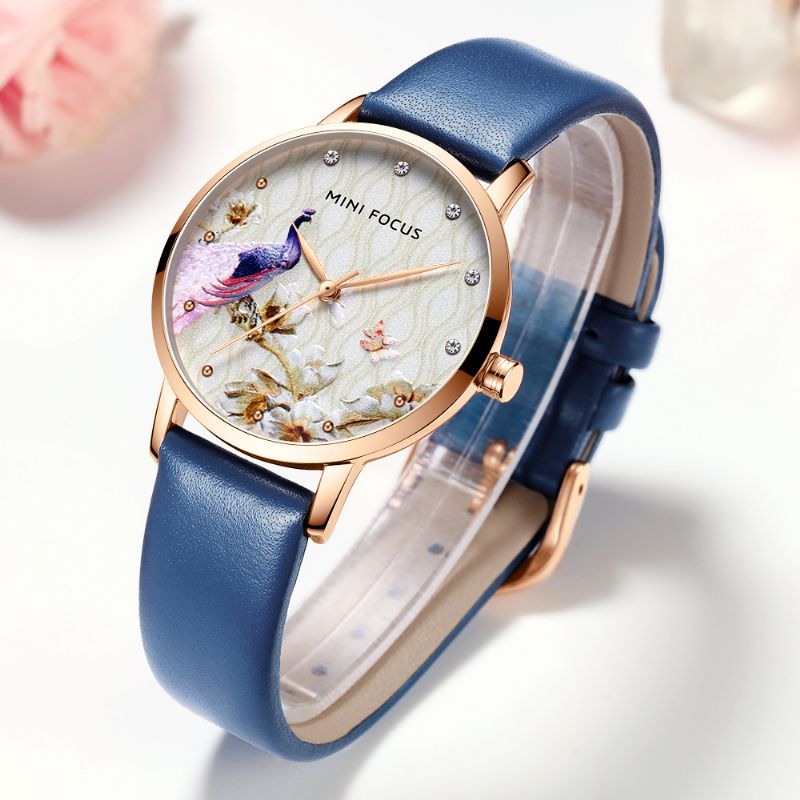 Mode Dames Pauw Bloemenpatroon Lederen Quartz Horloge