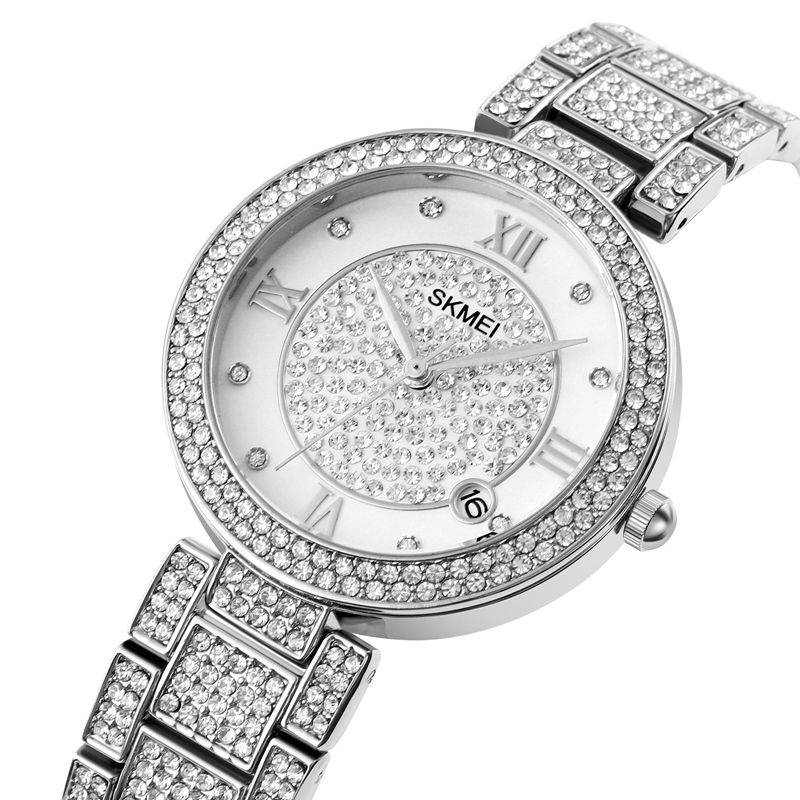 Mode Elegant Horloge Strass Decoratie Zink Horlogebandje Datumweergave 3atm Waterdicht Vrouwelijk Quartz Horloge