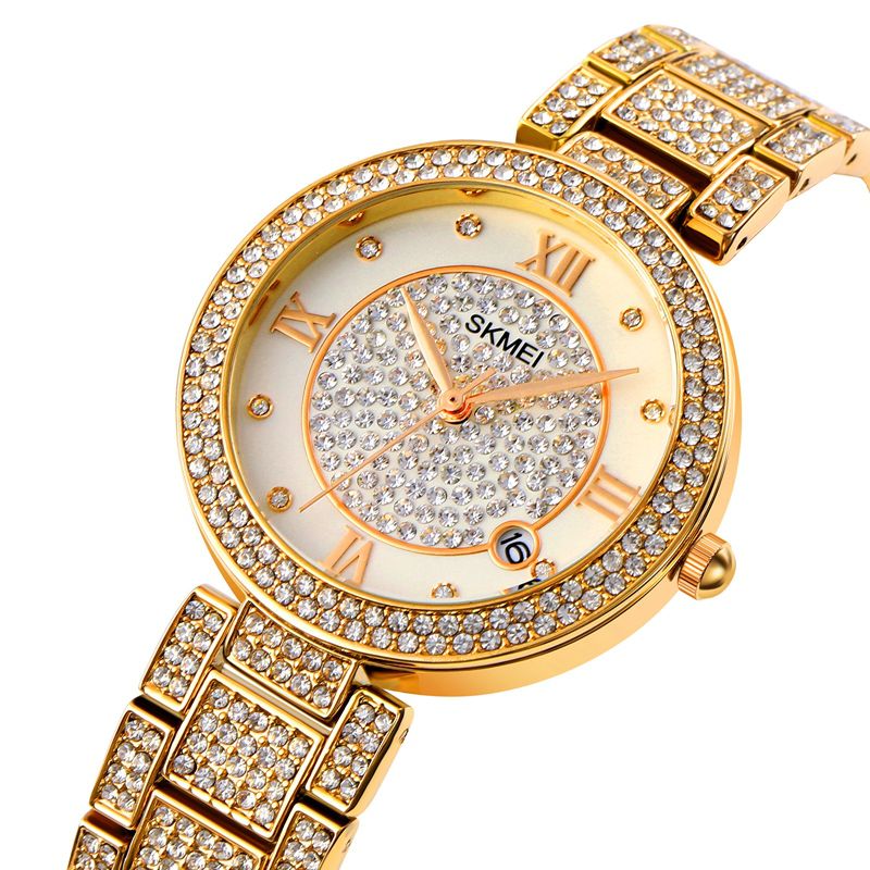 Mode Elegant Horloge Strass Decoratie Zink Horlogebandje Datumweergave 3atm Waterdicht Vrouwelijk Quartz Horloge