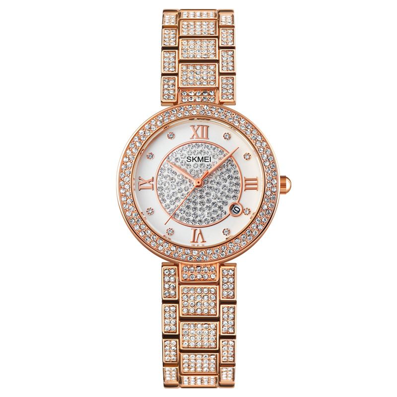 Mode Elegant Horloge Strass Decoratie Zink Horlogebandje Datumweergave 3atm Waterdicht Vrouwelijk Quartz Horloge