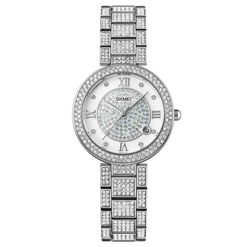 Mode Elegant Horloge Strass Decoratie Zink Horlogebandje Datumweergave 3atm Waterdicht Vrouwelijk Quartz Horloge