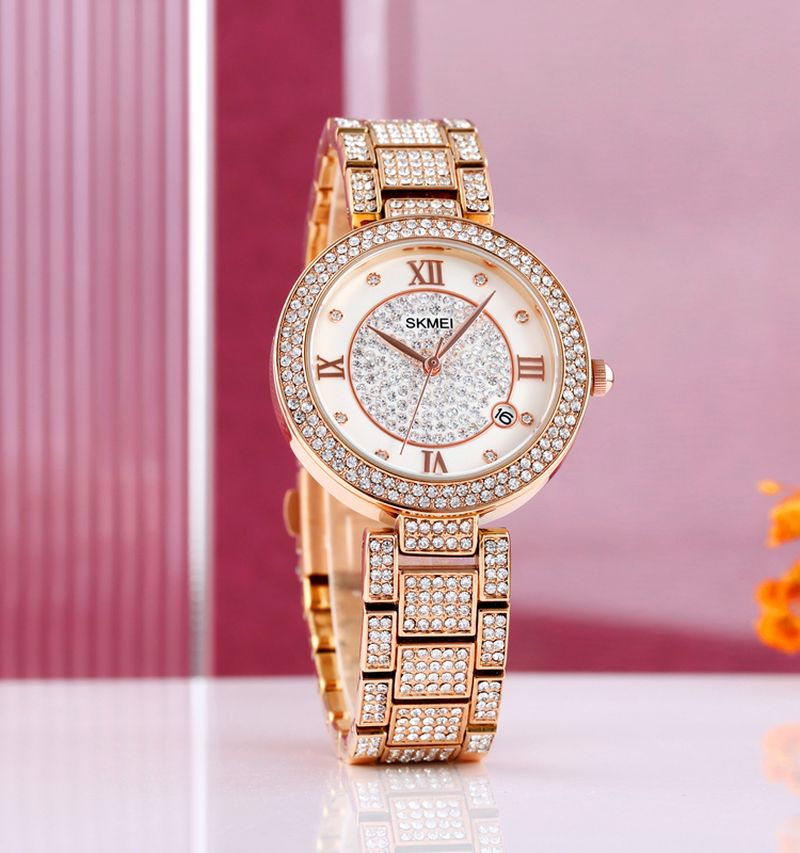 Mode Elegant Horloge Strass Decoratie Zink Horlogebandje Datumweergave 3atm Waterdicht Vrouwelijk Quartz Horloge