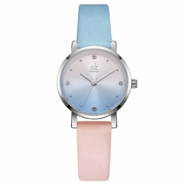 Mode Kleurverloop Lederen Band Luxe Dames Quartz Horloge Met Kristallen Wijzerplaat