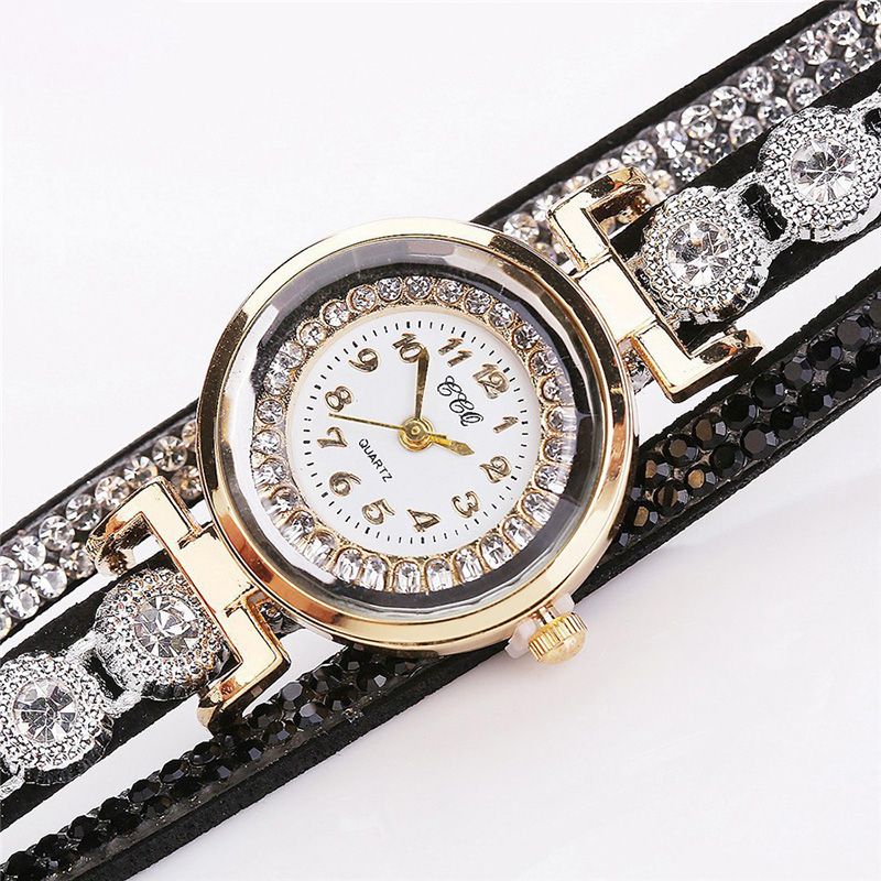 Mode Luxe Strass Pu Lederen Band Dames Quartz Armband Horloge