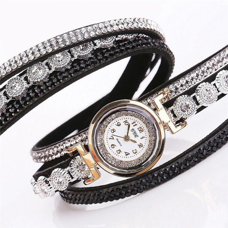 Mode Luxe Strass Pu Lederen Band Dames Quartz Armband Horloge