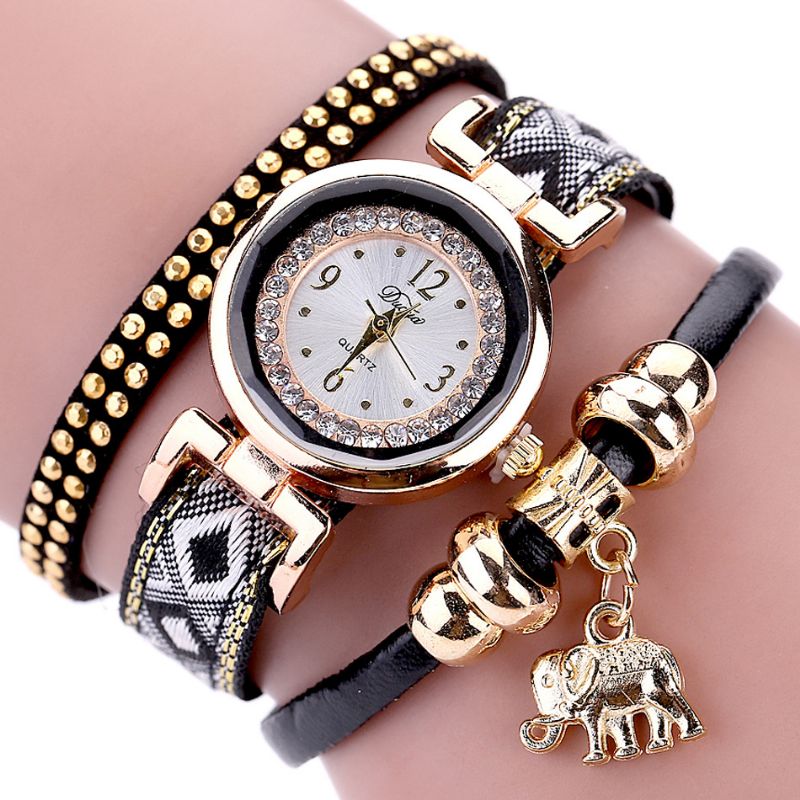 Modieuze Gouden Olifant Dames Armband Horloge Lederen Band Quartz Horloges