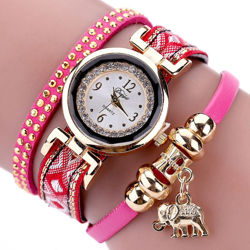 Modieuze Gouden Olifant Dames Armband Horloge Lederen Band Quartz Horloges