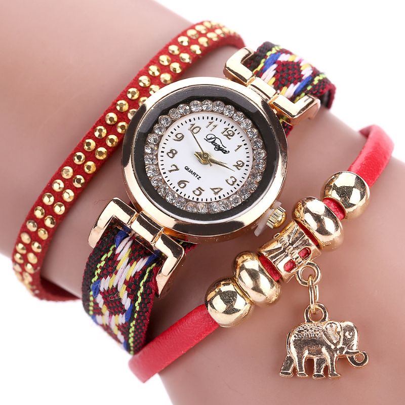 Modieuze Gouden Olifant Dames Armband Horloge Lederen Band Quartz Horloges