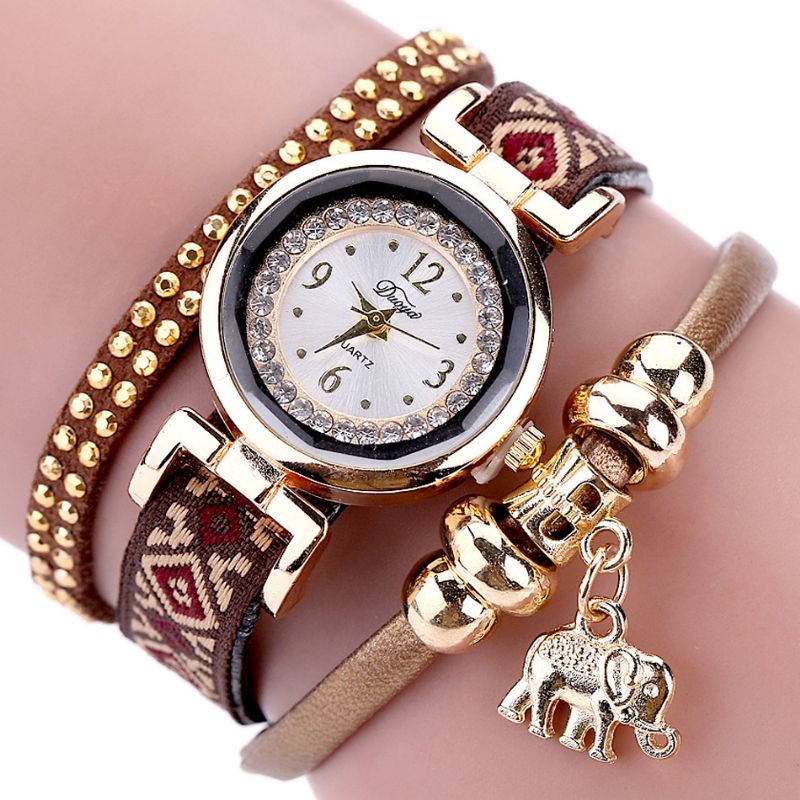 Modieuze Gouden Olifant Dames Armband Horloge Lederen Band Quartz Horloges