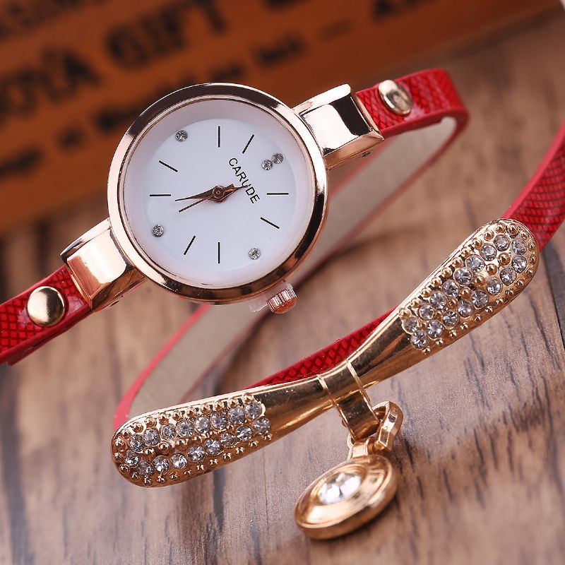 Retro Pu-band Multi-layer Lady Horloge Metalen Geometrische Strass Boog Hanger Vrouwen Quartz Horloge