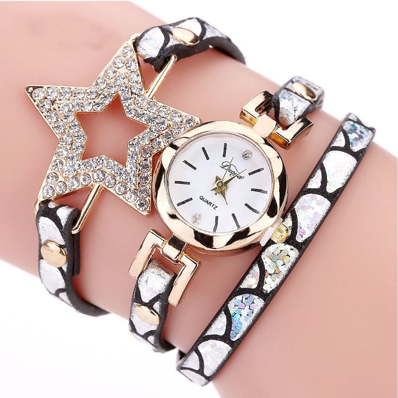 Vijfpuntige Ster Retro Stijl Dames Armband Horloge Lederen Band Quartz Horloge