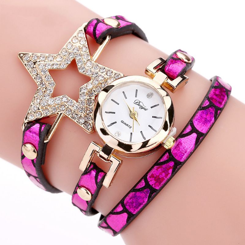 Vijfpuntige Ster Retro Stijl Dames Armband Horloge Lederen Band Quartz Horloge
