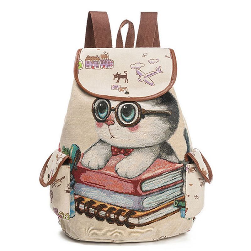 Canvas Casual Cartoon Kat Patroon Schooltas Rugzak Schoudertassen Studententassen