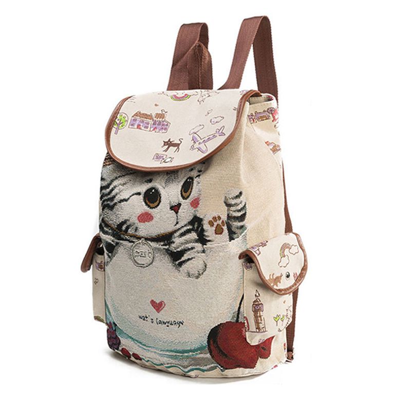 Canvas Casual Cartoon Kat Patroon Schooltas Rugzak Schoudertassen Studententassen