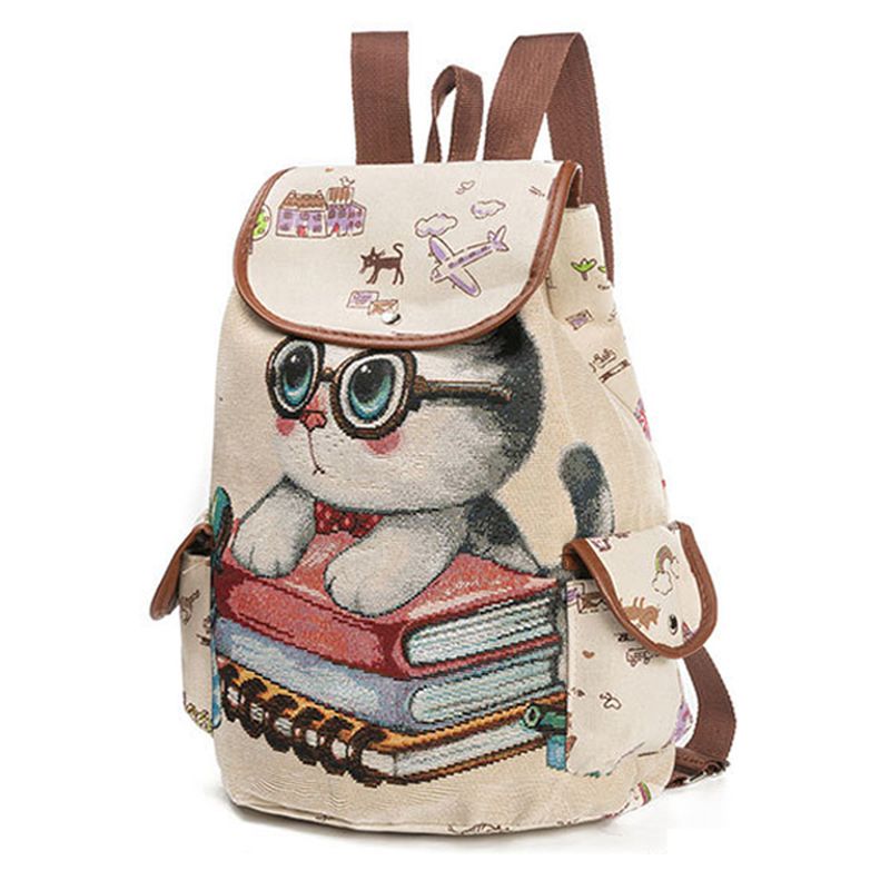 Canvas Casual Cartoon Kat Patroon Schooltas Rugzak Schoudertassen Studententassen