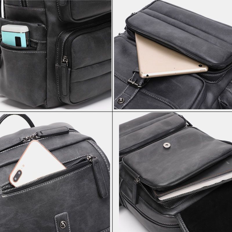 Mannen Pu Lederen Grote Capaciteit Multi-pocket Vintage 14 Inch Laptoptas Rugzak