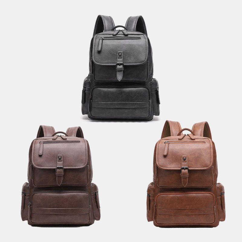 Mannen Pu Lederen Grote Capaciteit Multi-pocket Vintage 14 Inch Laptoptas Rugzak